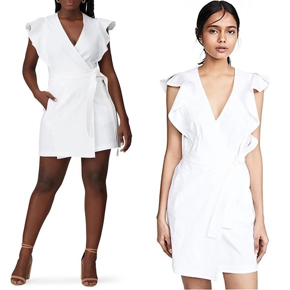 ALC Linen Blend Ruffled Flutter Short Sleeve Tie Waist V-Neck Mini Wrap Dress 10 - Picture 7 of 16